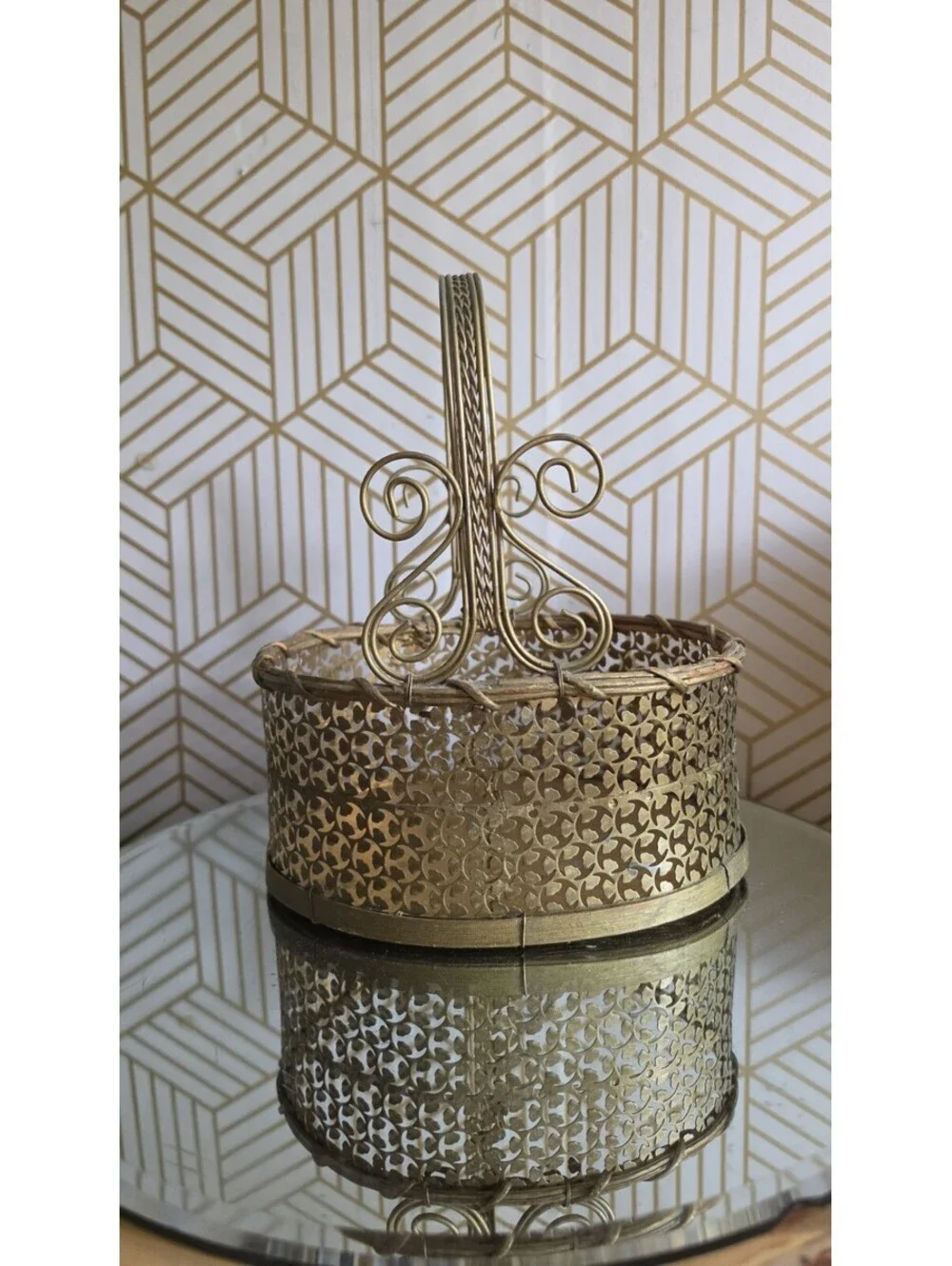 Vintage Perforated Gold Metal Scroll And Wood Basket